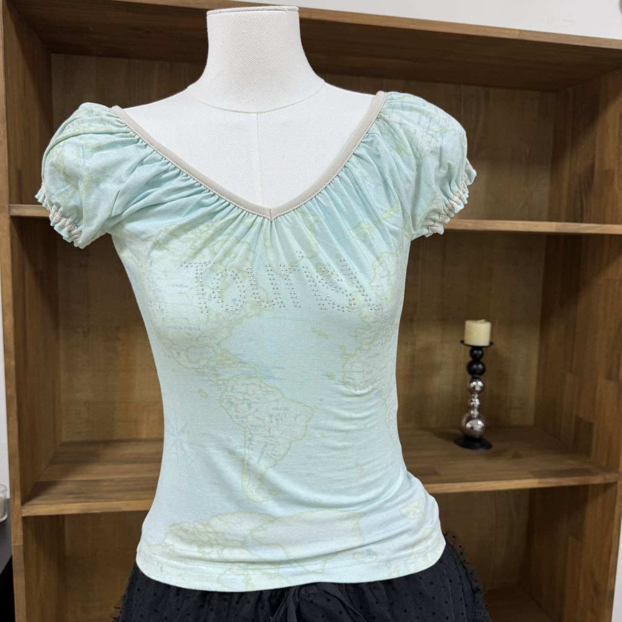 IDLE Miyeon&Shuhua Inspired Mint Map Rhinestone Open Back Puff Sleeve Tee