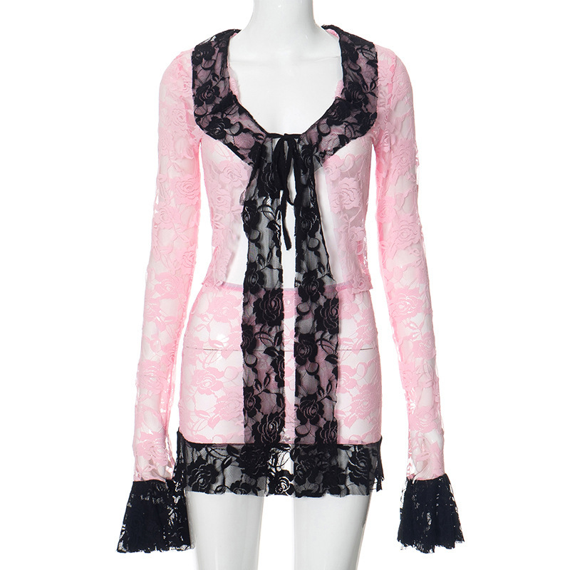 Lace Patchwork Long Sleeve Short Dress Set-Outfitidea For BlinksBLACKPINK-Inspired Fashion