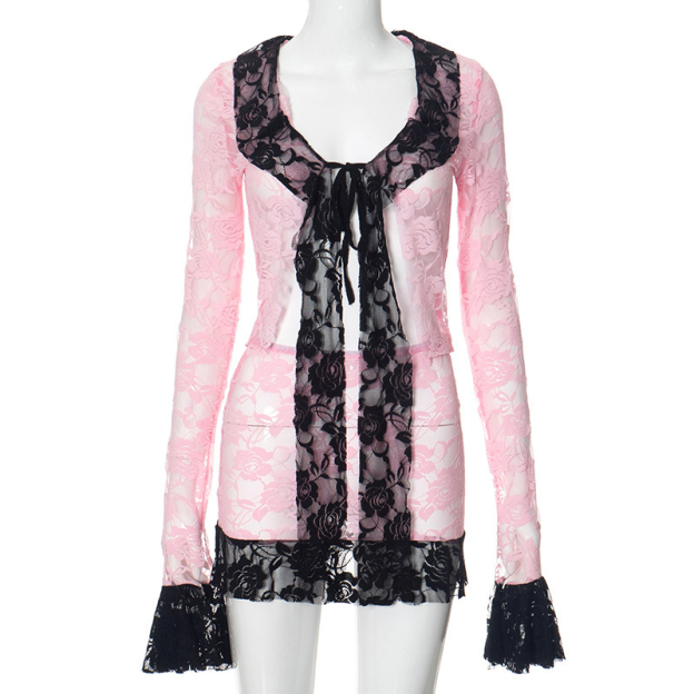 Lace Patchwork Long Sleeve Short Dress Set-Outfitidea For BlinksBLACKPINK-Inspired Fashion
