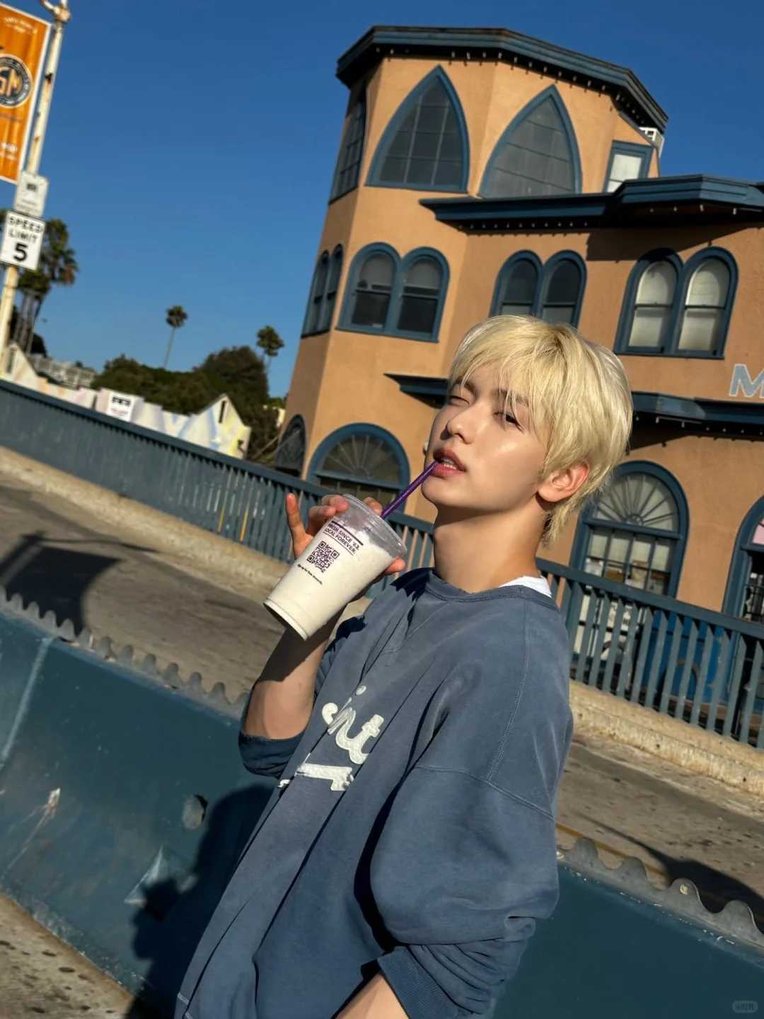 TXT Soobin Inspired Washed Blue Lightning Embroidered Sweatshirt