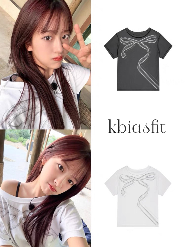 IVE Yujin Inspired Bow Print Off-Shoulder Tee