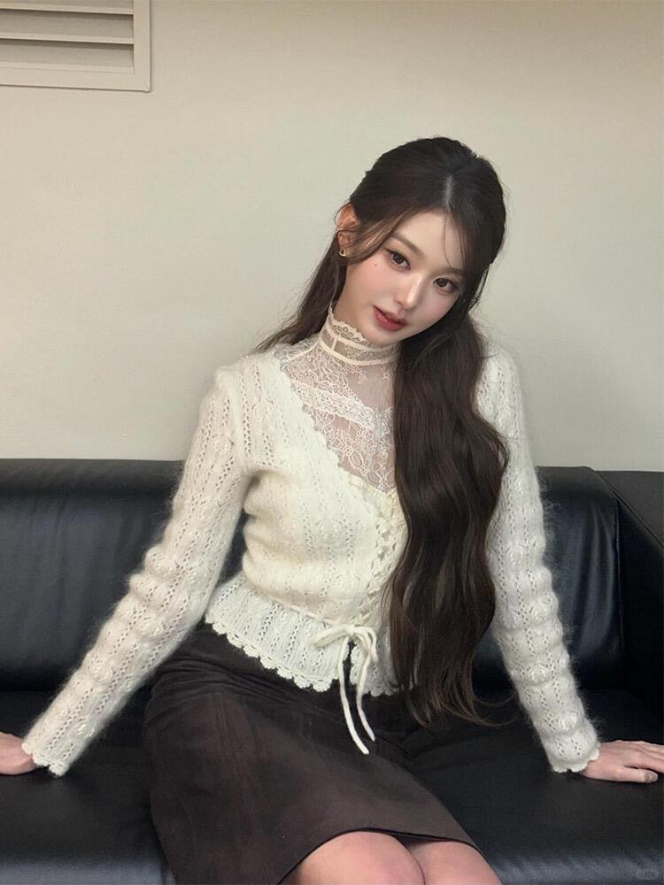 IVE Wonyoung Inspired Wool Hollow-Out Cardigan & Lace Top Set