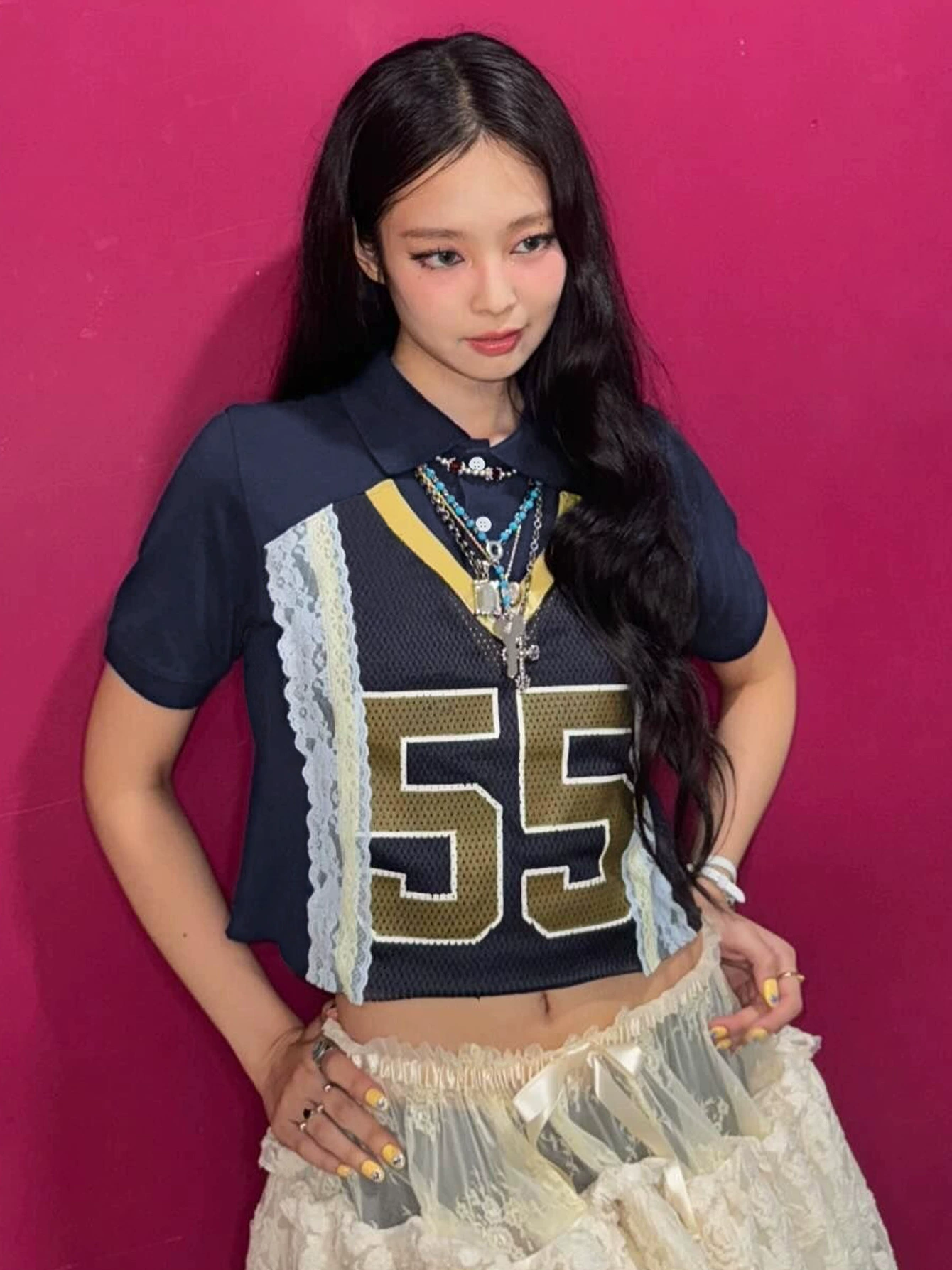 Patchwork Printed Short Sleeve T-Shirt-Blackpink Jennie
