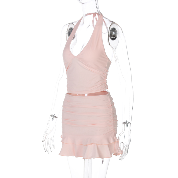 Solid Color V-Neck Hanging Vest Tight Top Skirt Set-Outfitidea For Blinks BLACKPINK-Inspired Fashion