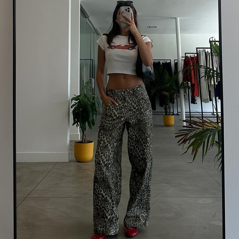 Leopard print low-rise straight-leg pants-Aespa Ningning