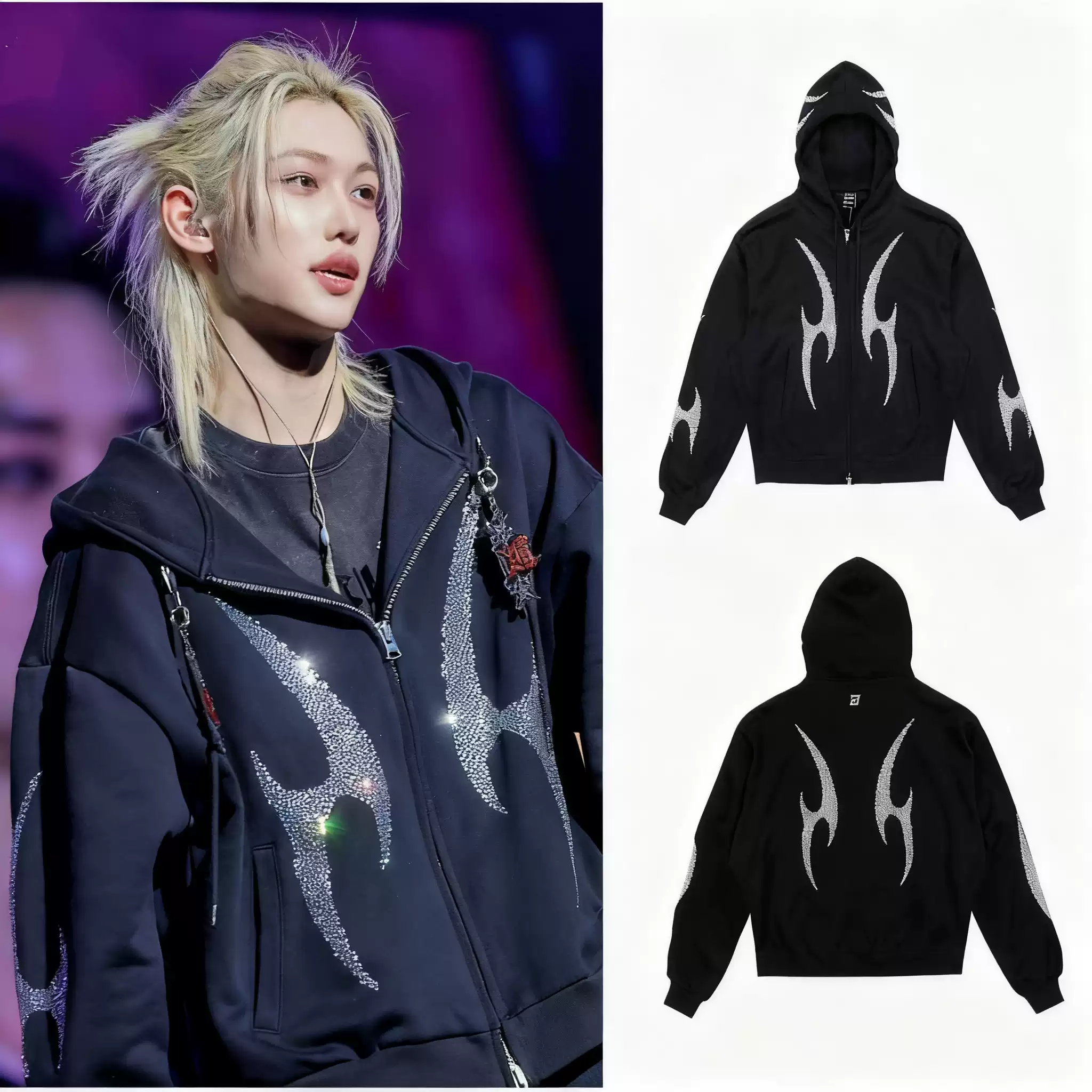 Stray Kids Felix Inspired Rhinestone Flame Zip-Up Hoodie-Straykids