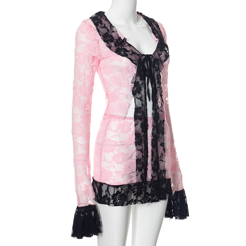 Lace Patchwork Long Sleeve Short Dress Set-Outfitidea For BlinksBLACKPINK-Inspired Fashion