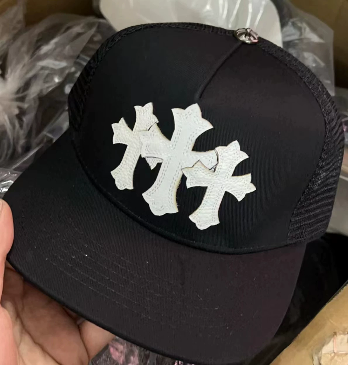 Ateez Wooyoung Inspired Chrome Hearts Style Triple Cross Trucker Cap Hat