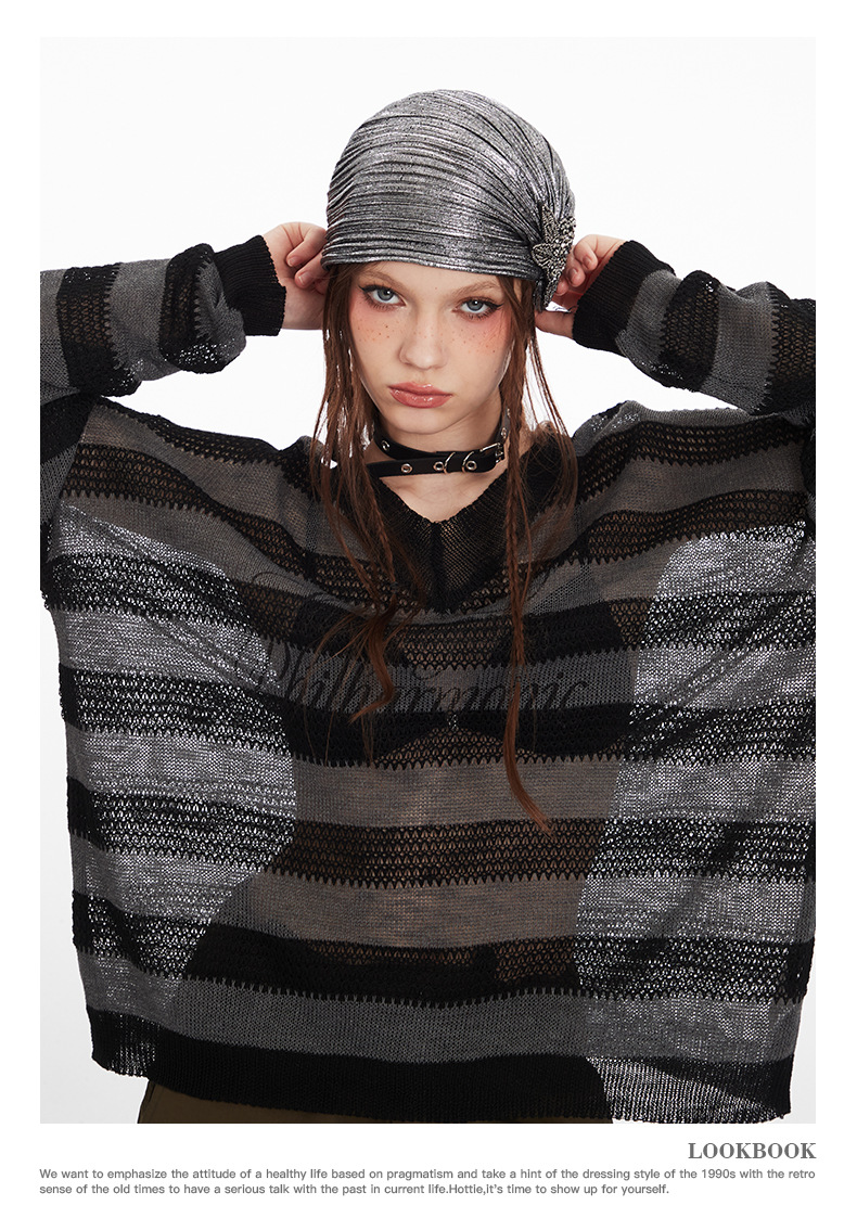 Striped V-neck lightweight long-sleeve knit sweater-Aespa Karina