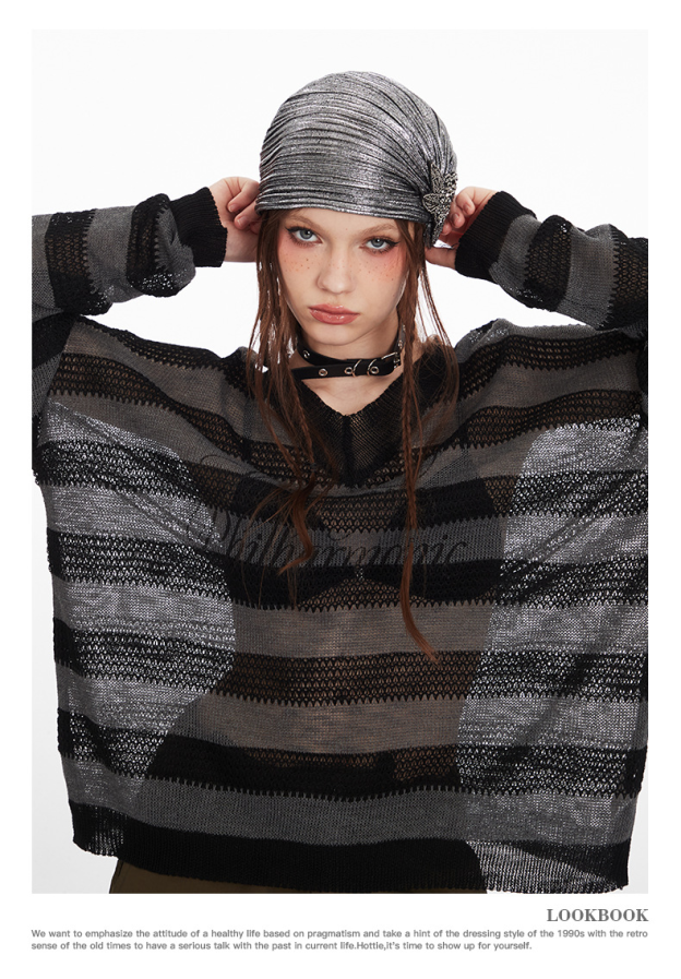 Striped V-neck lightweight long-sleeve knit sweater-Aespa Karina