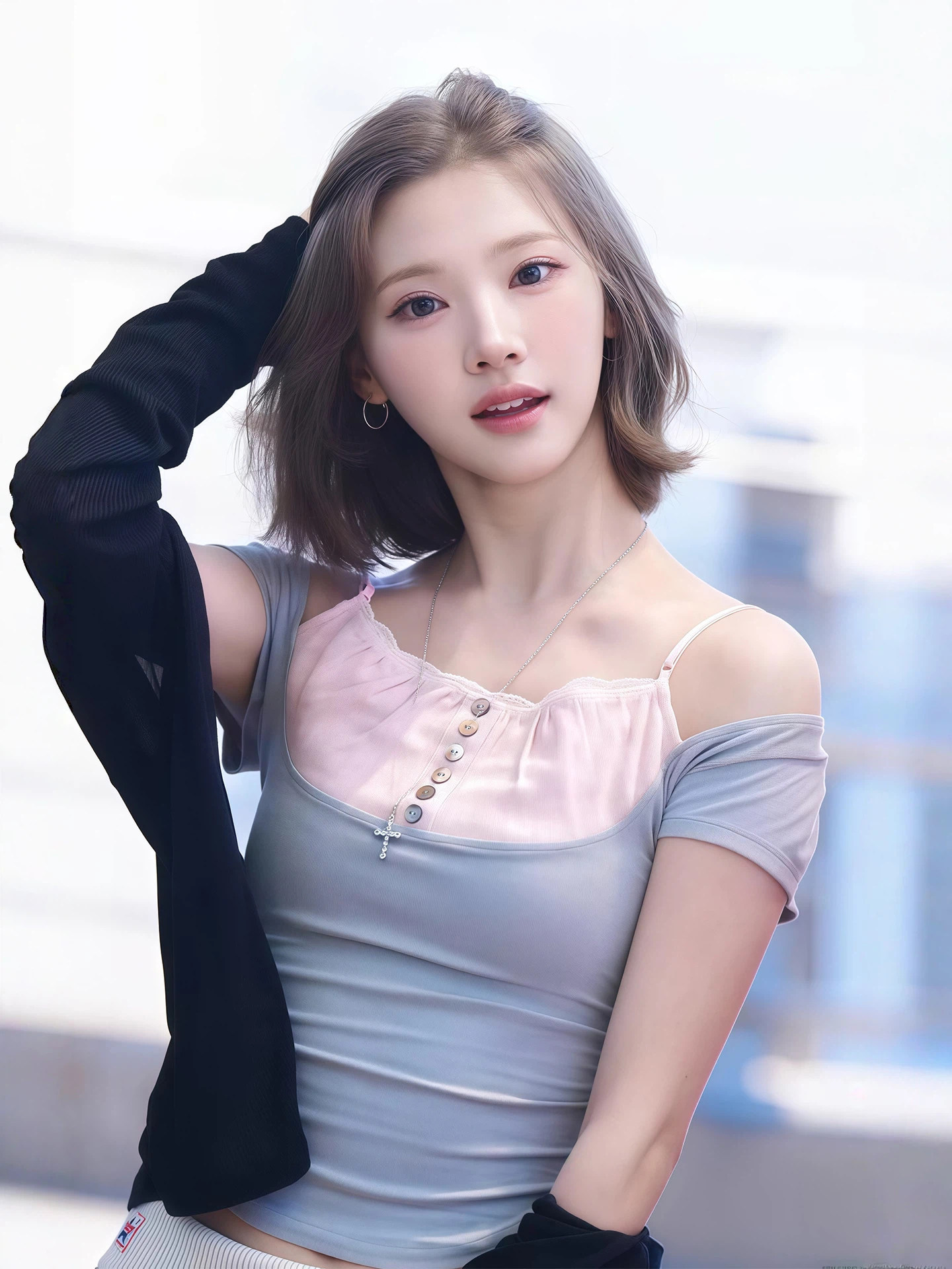 Hearts2hearts Jiwoo Inspired Two Tone Ruched Off Shoulder Tee