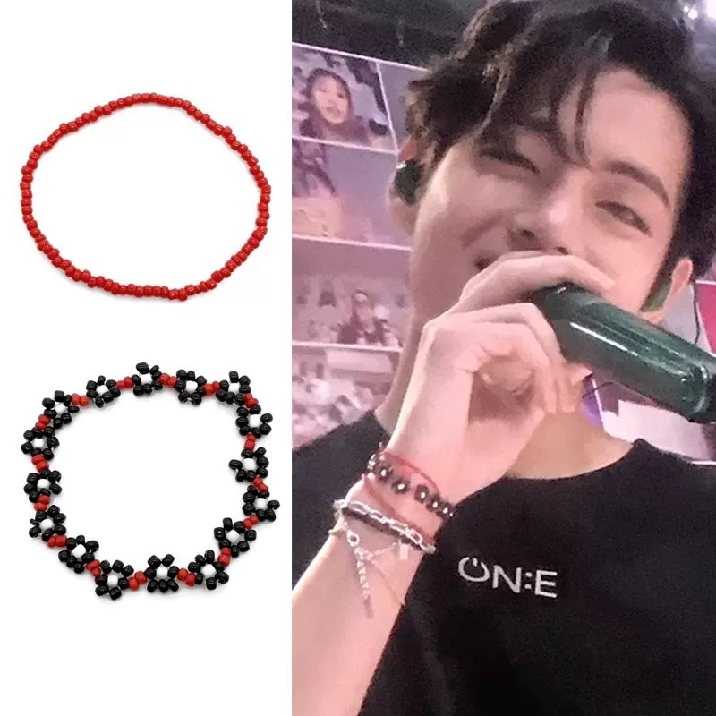 BTS V (Kim Taehyung) Black Chrysanthemum Red Bead Bracelet Set