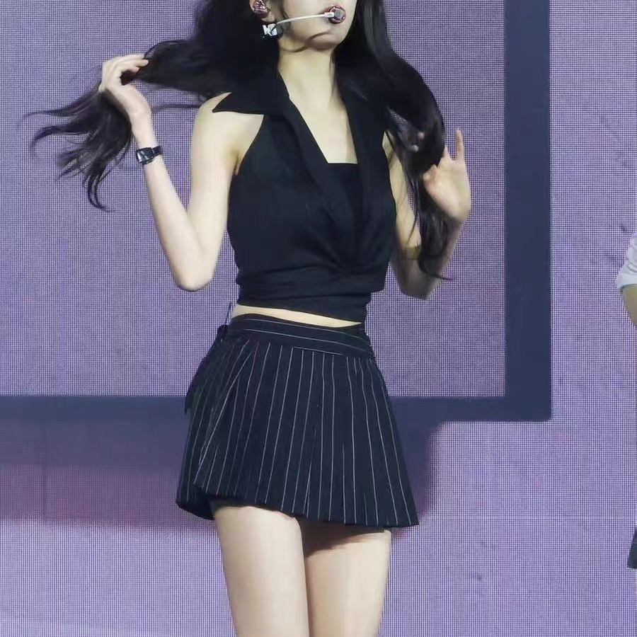 Suit Striped Lapel Hanging Neck Vest Short Skirt Set-IVE Wonyoung