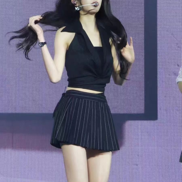 Suit Striped Lapel Hanging Neck Vest Short Skirt Set-IVE Wonyoung