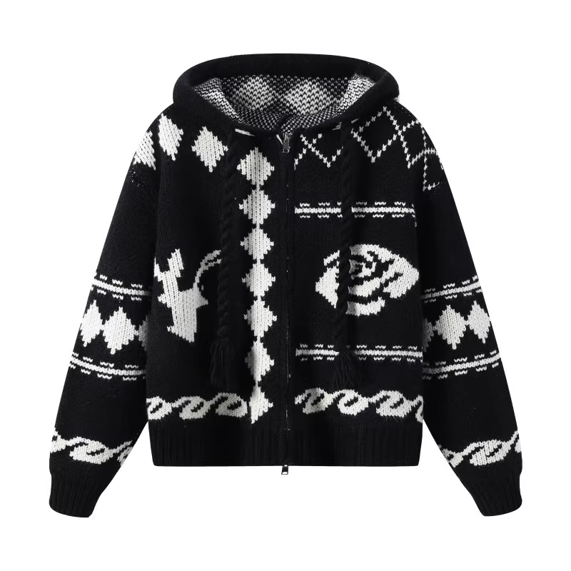 Aespa Karina Inspired Elk Rose Patterned Zip-Up Hooded Knit Coat