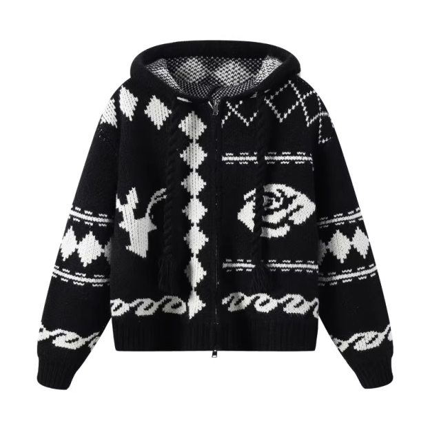 Aespa Karina Inspired Elk Rose Patterned Zip-Up Hooded Knit Coat