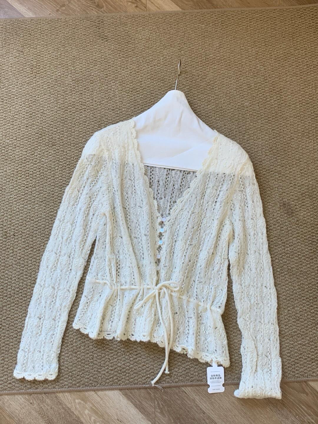 IVE Wonyoung Inspired Wool Hollow-Out Cardigan & Lace Top Set