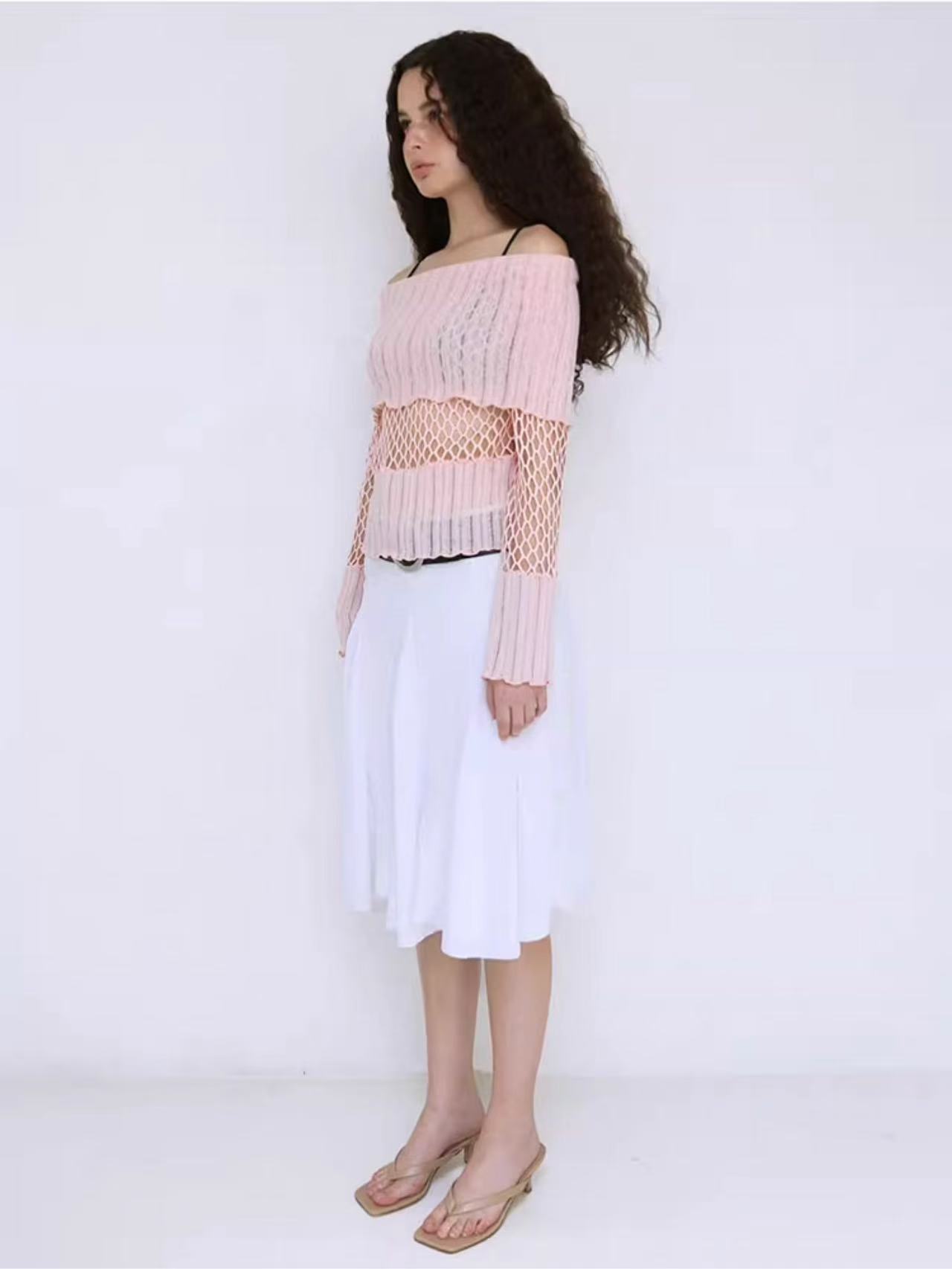 Pink Boat Neck Cutout Knit Sweater-Aespa Ningning
