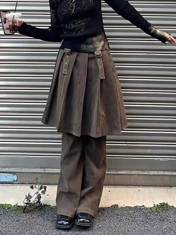 Layered faux two-piece denim skirt pants-Straykids outfit inspiration Stay