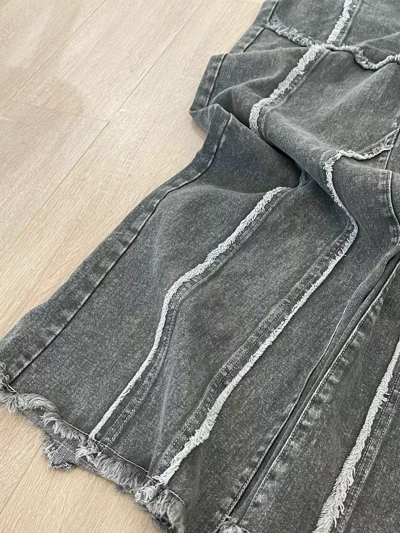 Aespa Ningning Inspired Washed Distressed Raw-Edge Patchwork Pants