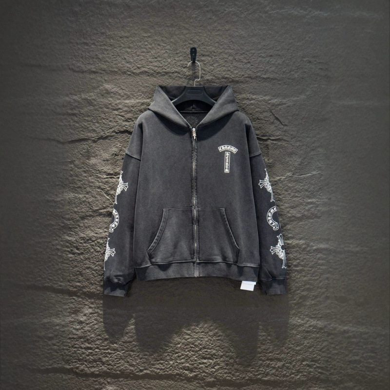 Stray kids Bangchan Inspired Chrome Hearts Style Vintage Wash Cross Zip Hoodie-straykids