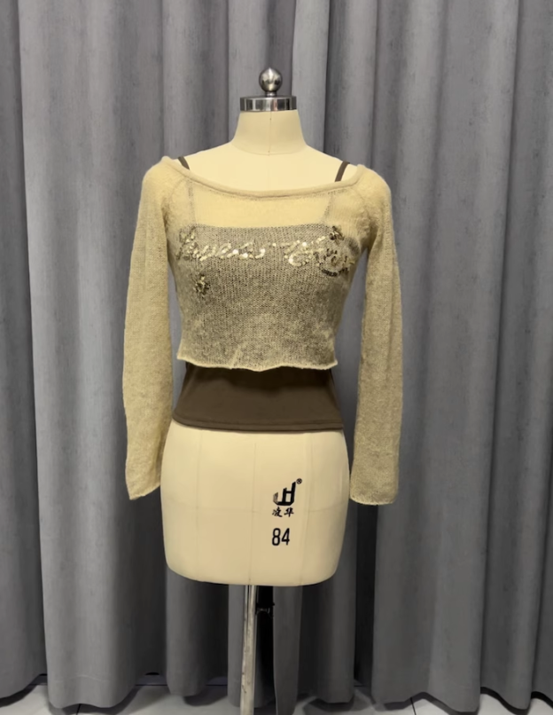 Aespa Karina Inspired One Shoulder Knit Sequins Short Blouse