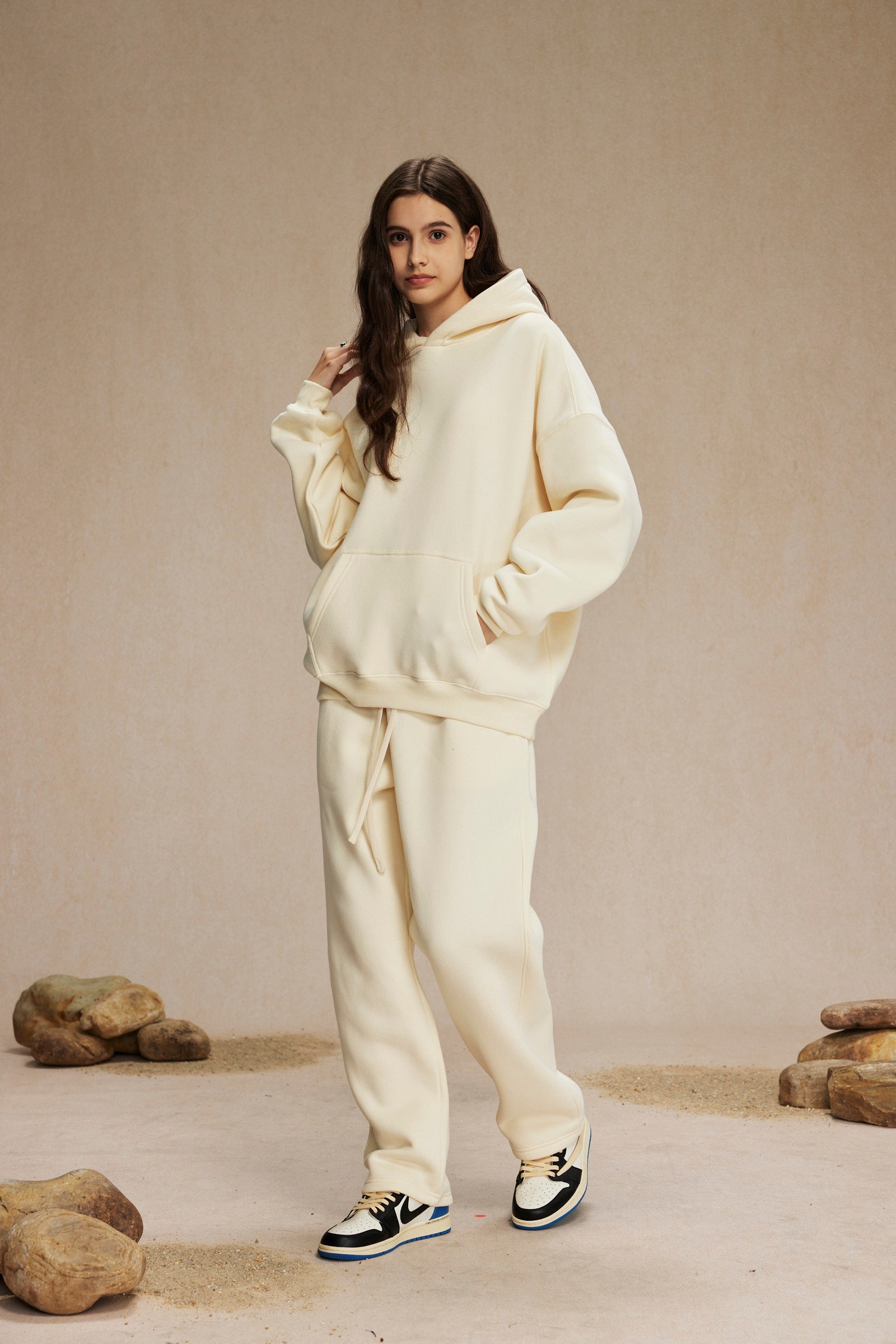 Cream&Pink-Oversized hoodie sets