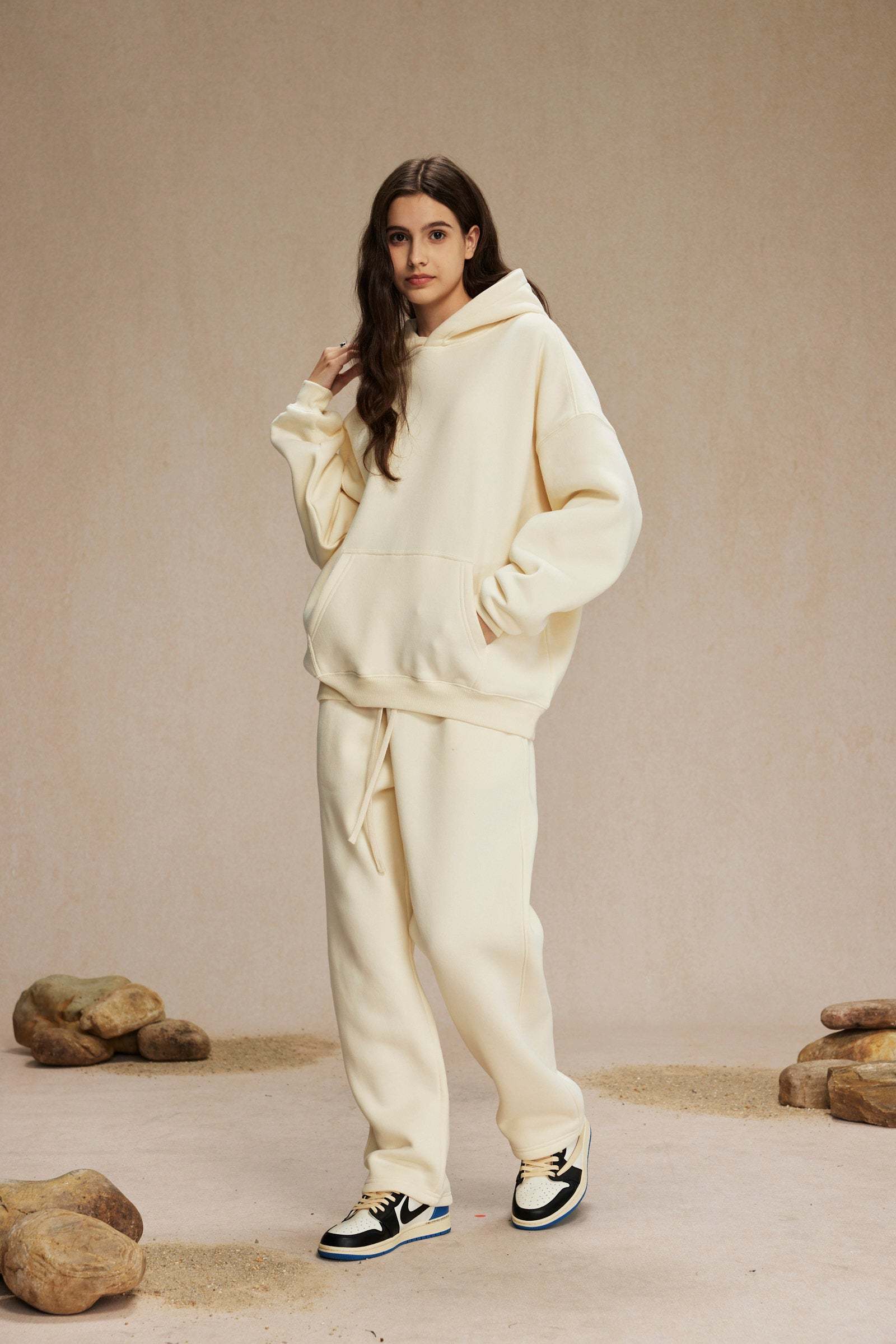 Cream&Pink-Oversized hoodie sets