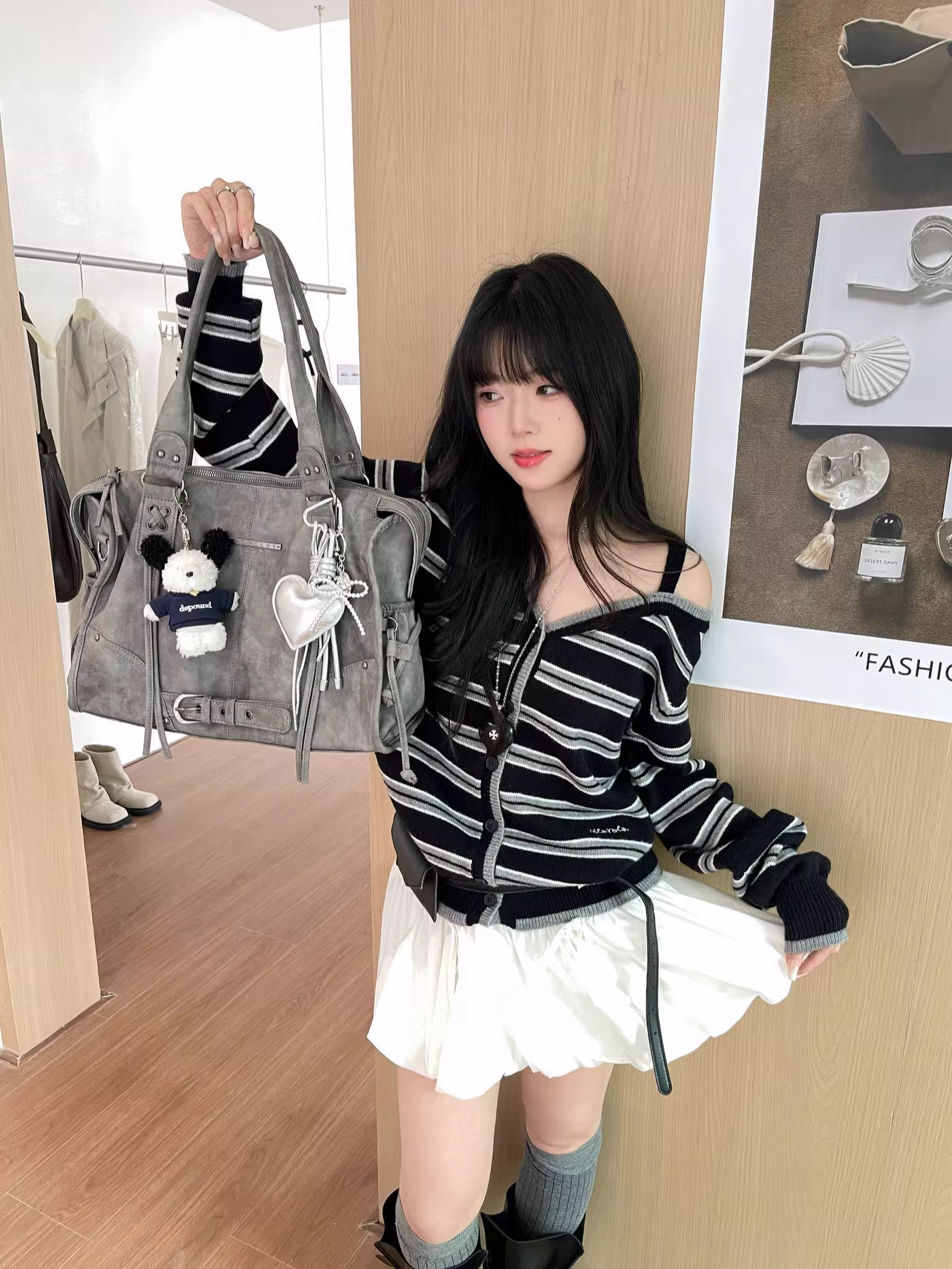 IVE Wonyoung Inspired One Off Shoulder Srtipe Cardigan