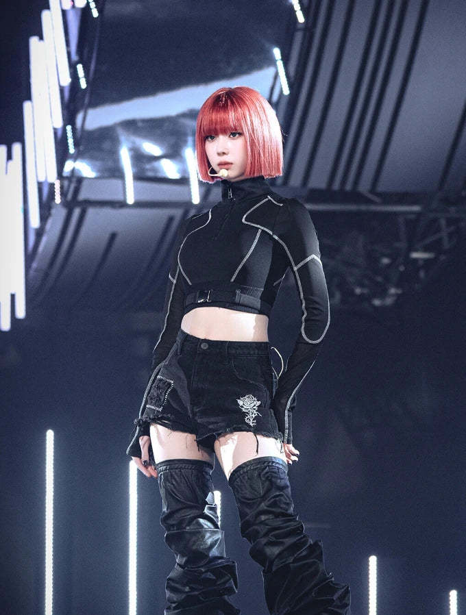 Whiplash Black Cyberpunk Mesh Crop Top shirt-Winter – Aespa outfit