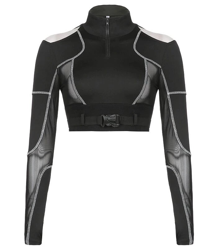 Whiplash Black Cyberpunk Mesh Crop Top shirt-Winter – Aespa outfit