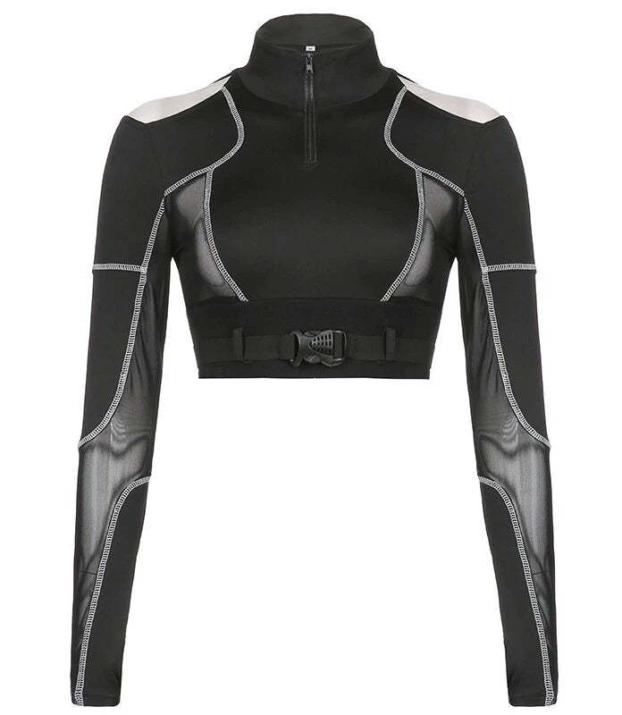 Whiplash Black Cyberpunk Mesh Crop Top shirt-Winter – Aespa outfit