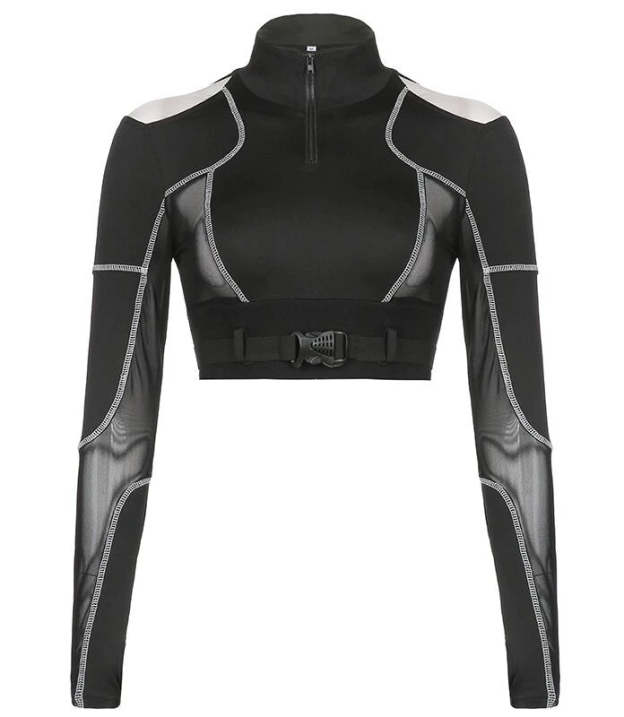 Whiplash Black Cyberpunk Mesh Crop Top shirt-Winter – Aespa outfit