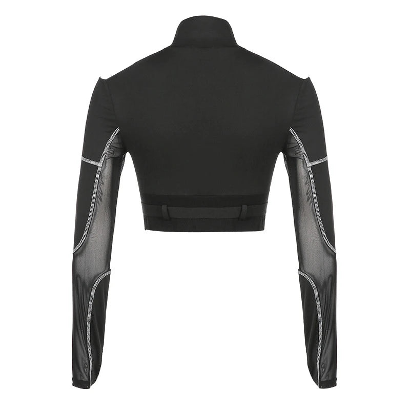 Whiplash Black Cyberpunk Mesh Crop Top shirt-Winter – Aespa outfit