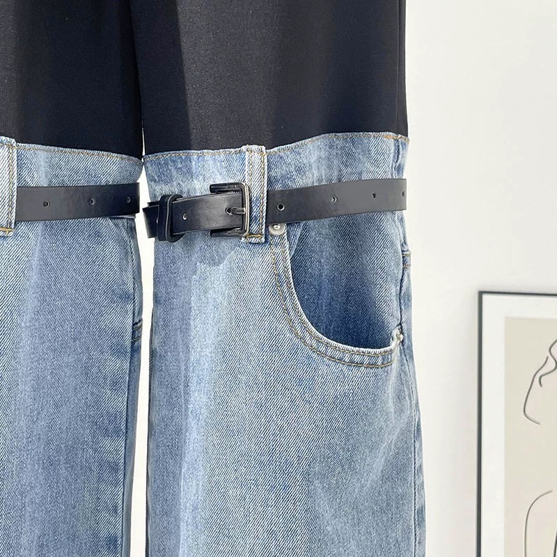 Han SoHee-Two Piece Belt Patchwork Jeans-한소희