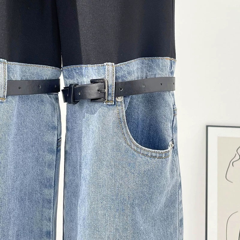 Han SoHee-Two Piece Belt Patchwork Jeans-한소희