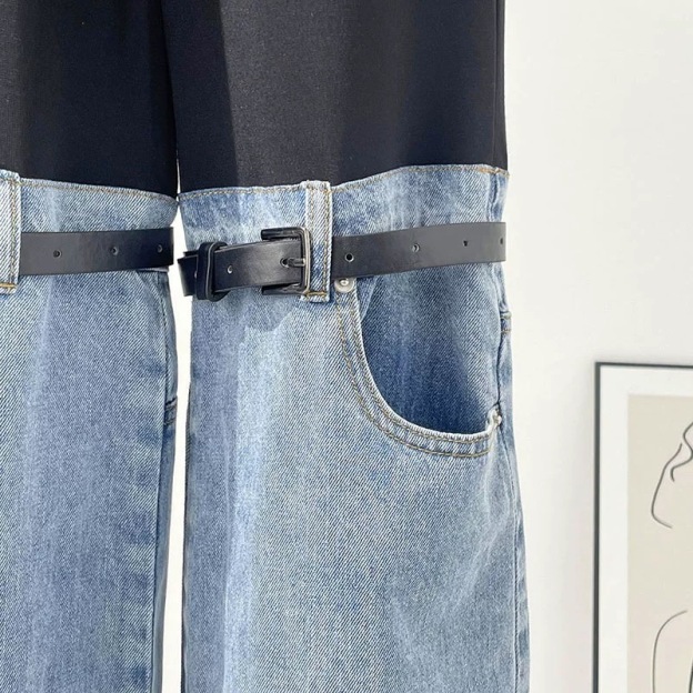 Han SoHee-Two Piece Belt Patchwork Jeans-한소희