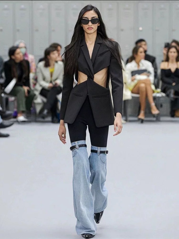 Han SoHee-Two Piece Belt Patchwork Jeans-한소희