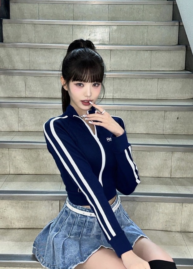 IVE JANG WONYOUNG inspired SMFK High Waist Distressed Denim Pleated A-Line Skirt Dress