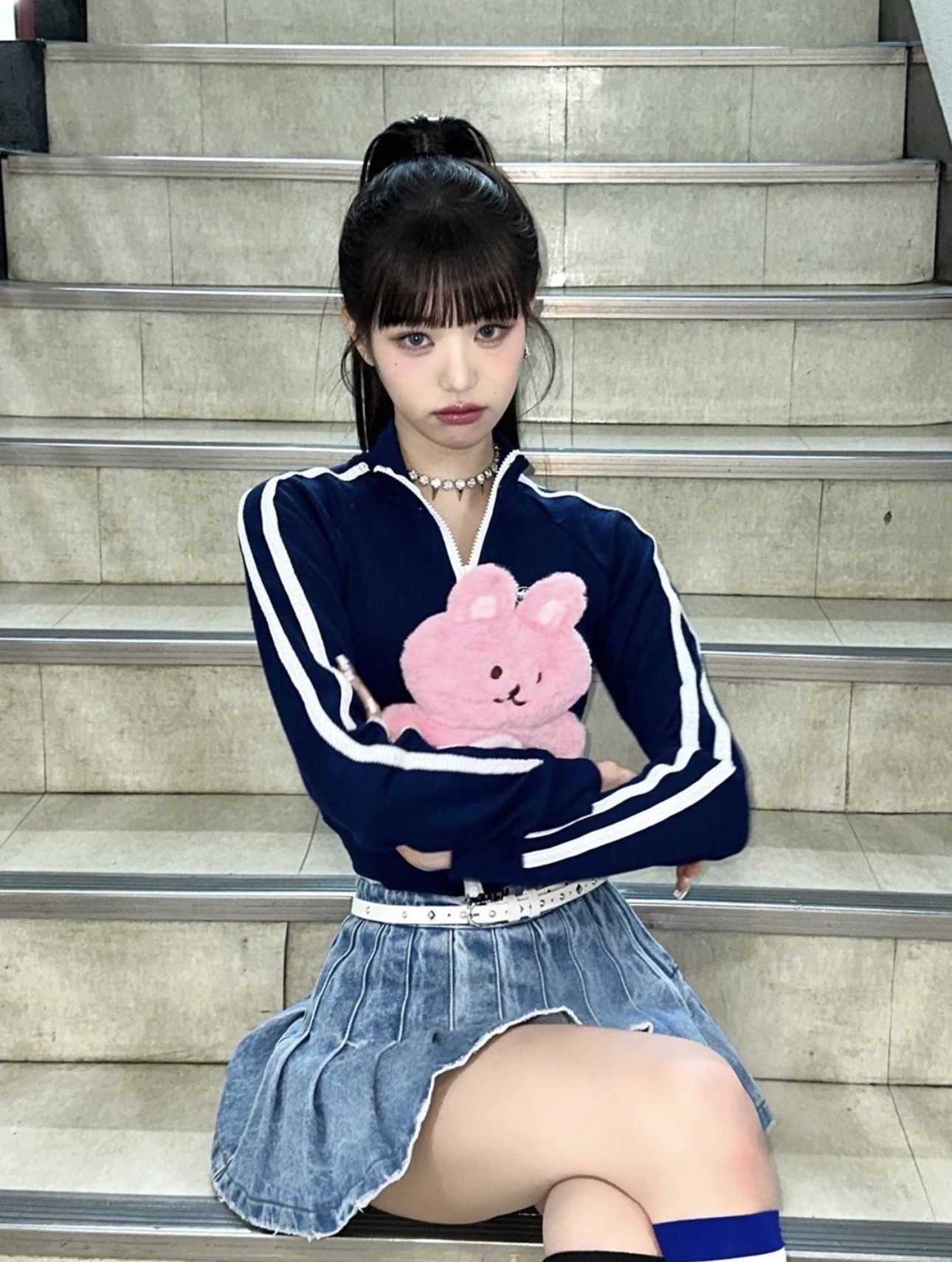 IVE JANG WONYOUNG inspired SMFK High Waist Distressed Denim Pleated A-Line Skirt Dress