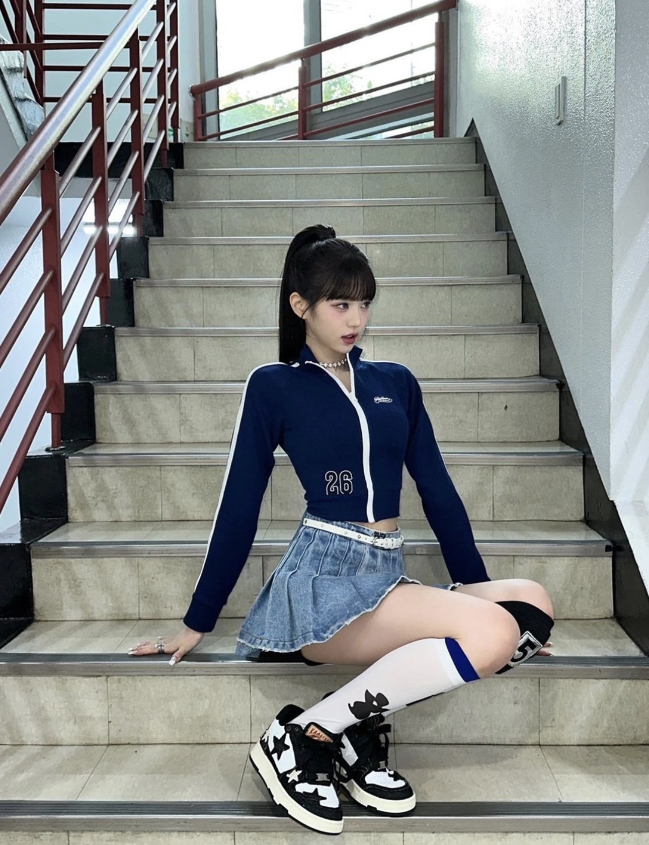 IVE JANG WONYOUNG inspired SMFK High Waist Distressed Denim Pleated A-Line Skirt Dress