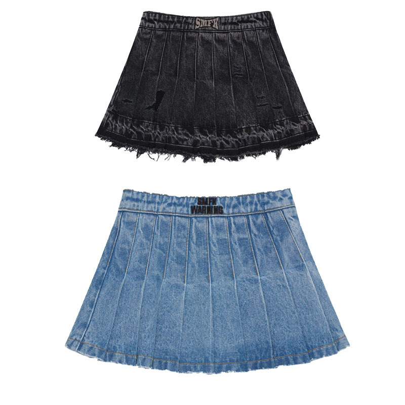 IVE JANG WONYOUNG inspired SMFK High Waist Distressed Denim Pleated A-Line Skirt Dress