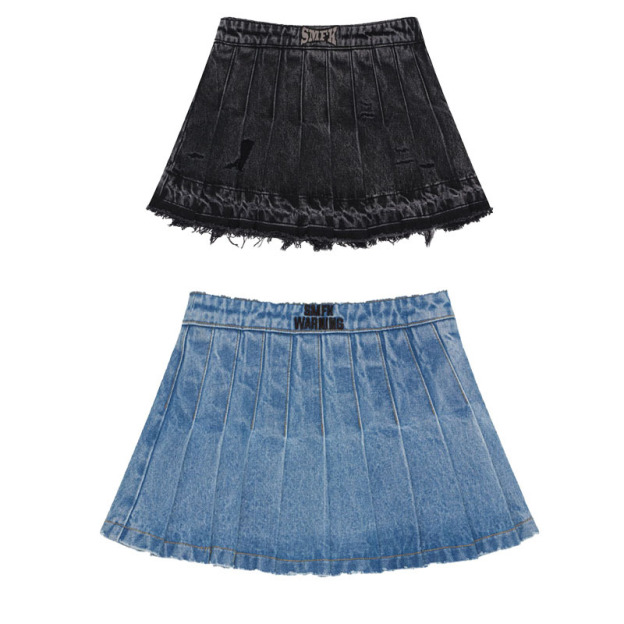 IVE JANG WONYOUNG inspired SMFK High Waist Distressed Denim Pleated A-Line Skirt Dress