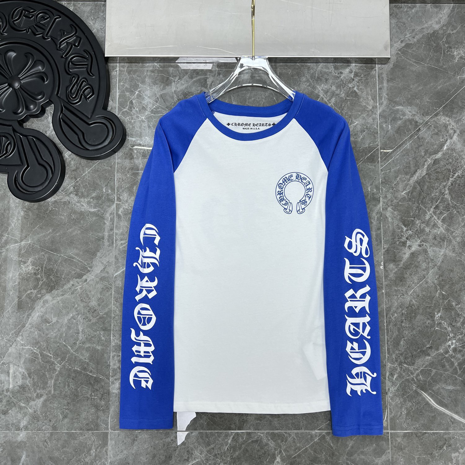 CH Style Chrome Hearts inspired Big Horseshoe Contrast Color Sanskrit Print Long Sleeve T-Shirt 