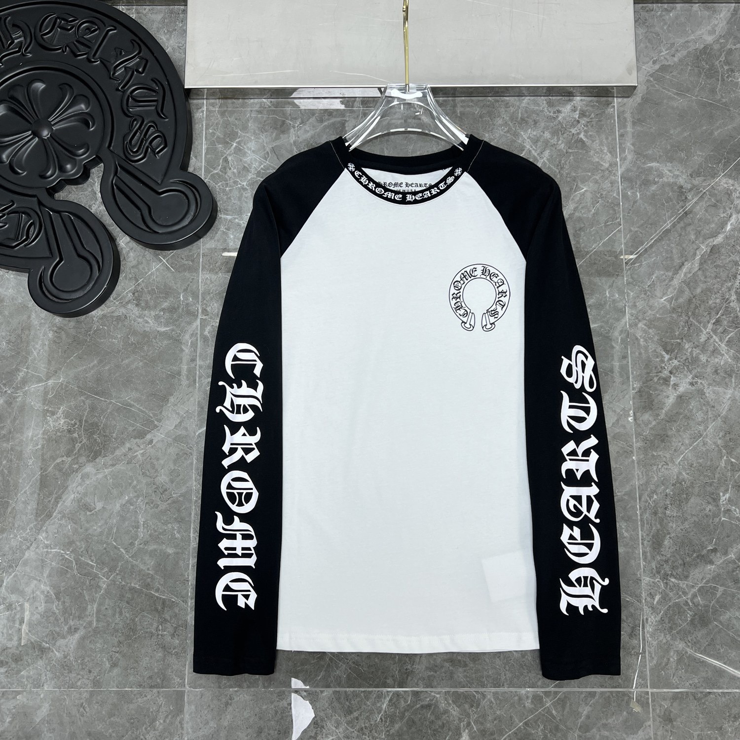 CH Style Chrome Hearts inspired Big Horseshoe Contrast Color Sanskrit Print Long Sleeve T-Shirt 