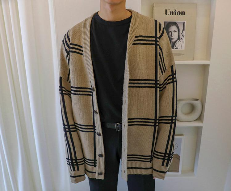 Khaki Plaid Knitted Cardigan -Mingyu – Seventeen