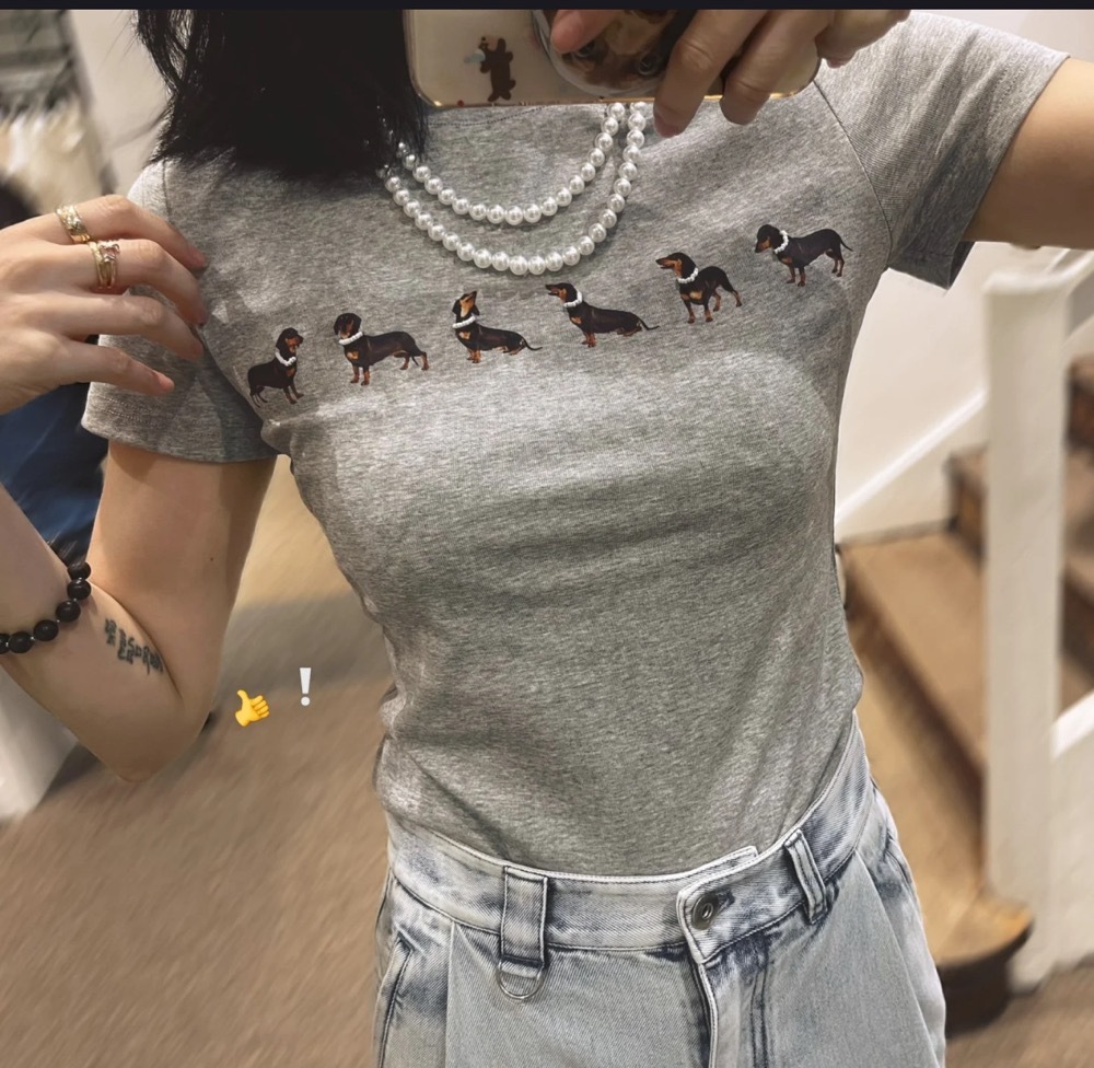 Beaded Necklace Dog Printed Stretch Short Sleeve-inspired by JENNIE for ExtraL Challenge 