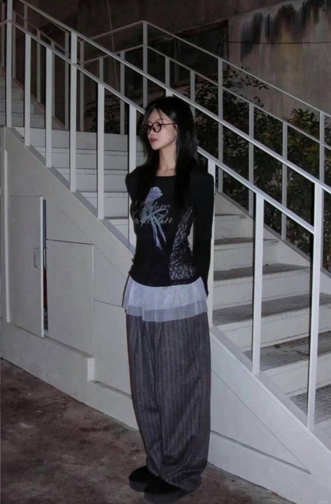 GIDLE Minnie Miyeon Inspired Rose Lace Trim Long Sleeve Tee