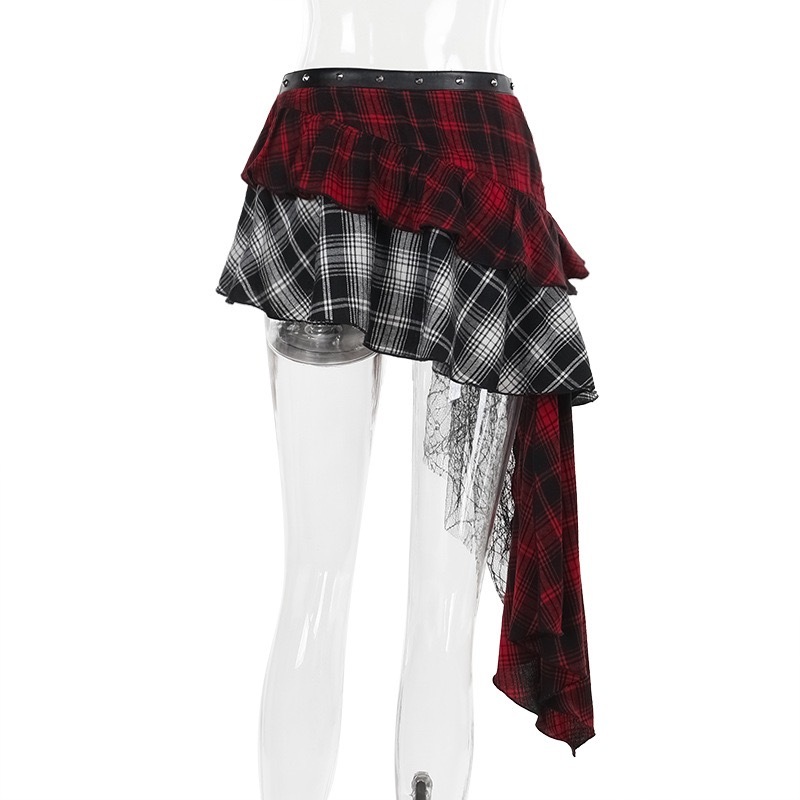 Red Black Irregular Plaid Half Skirt-Straykids concert outfitidea for STAY