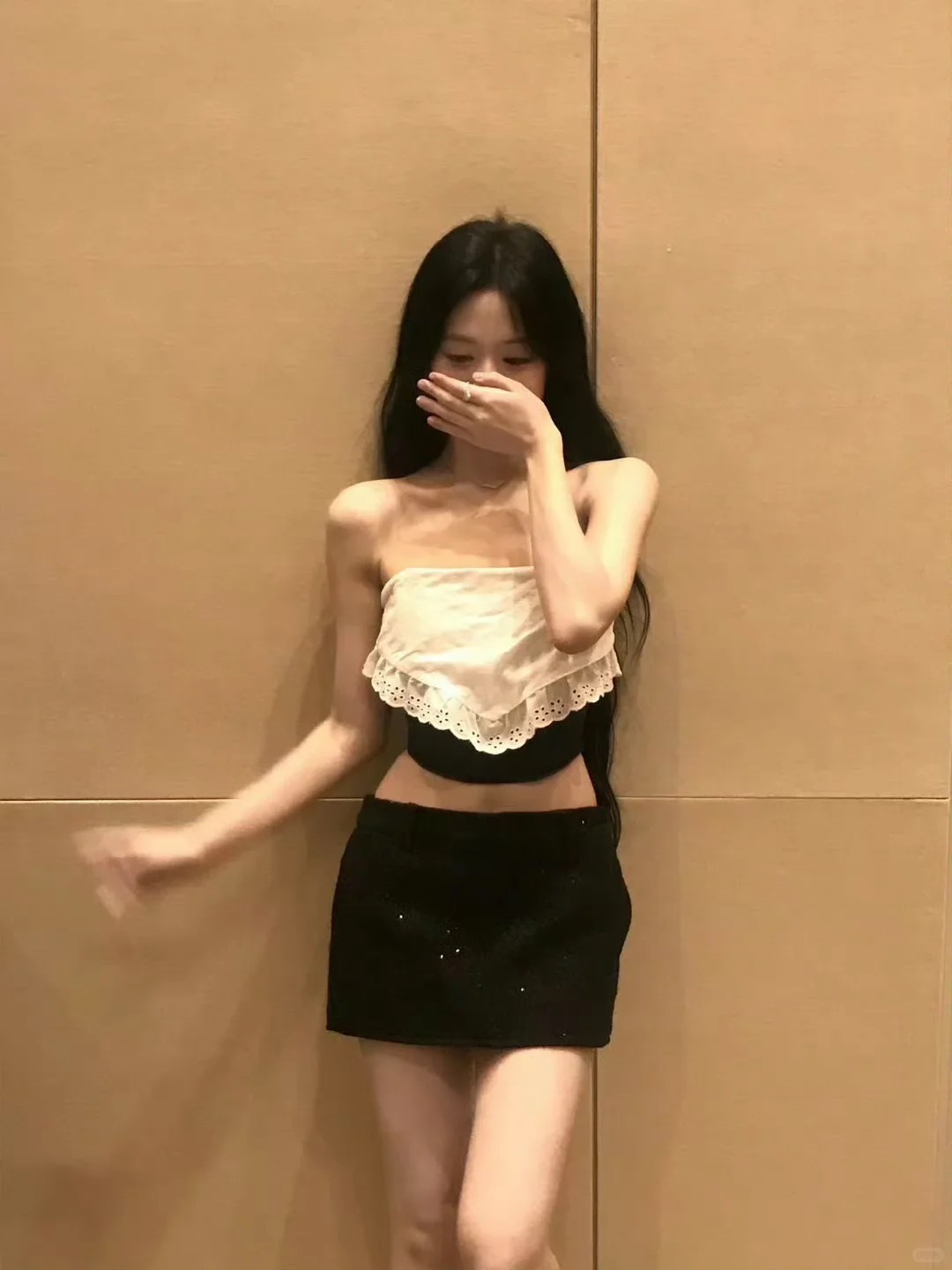 Babymonster Ahyeon Inspired Black White Off-Shoulder Top 